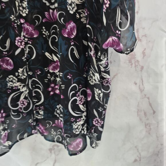 Torrid Shirt Womens 3X 3 Blouse Black Purple Floral Sheer Topper Flared Sleeve - Picture 4 of 10